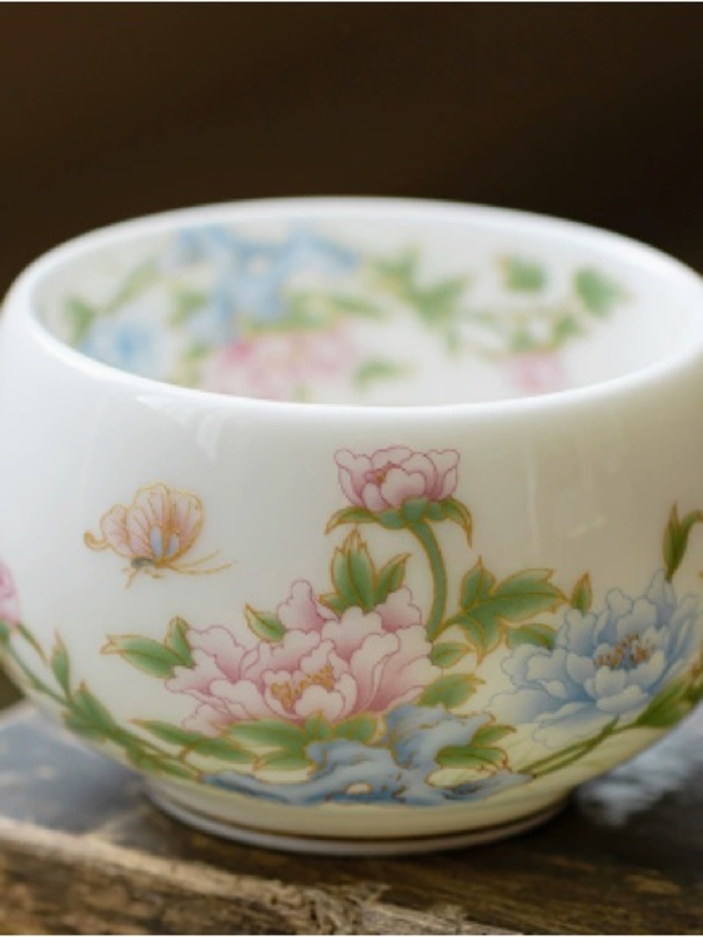 White Porcelain Floral Bowl with Pink & Blue Peony Motif
